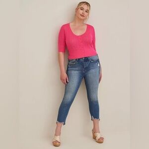 Torrid Pink Heart Detail Button-Front Cardigan Sweater Scoop Neck Elbow Sleeve 0